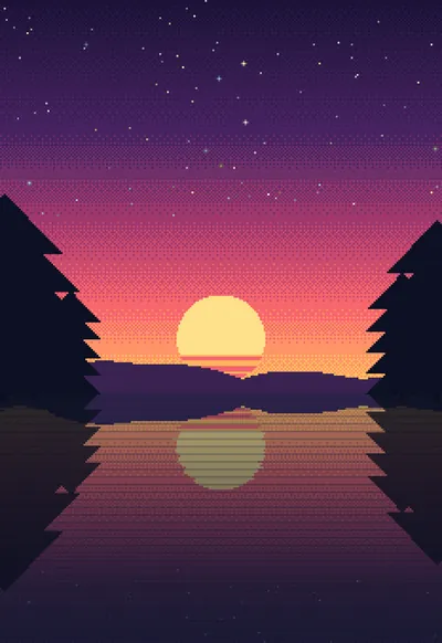 Pixel Sunset Lake, Pixel Art wallpaper for iPhone Duo